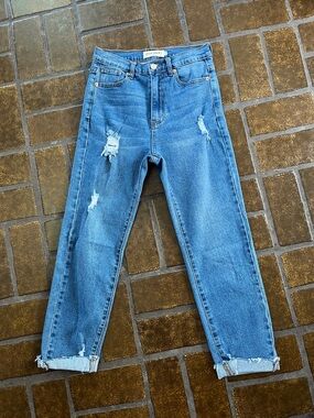 Great Smoky Medium Wash Distressed High Rise Cropped Straight Leg Jean